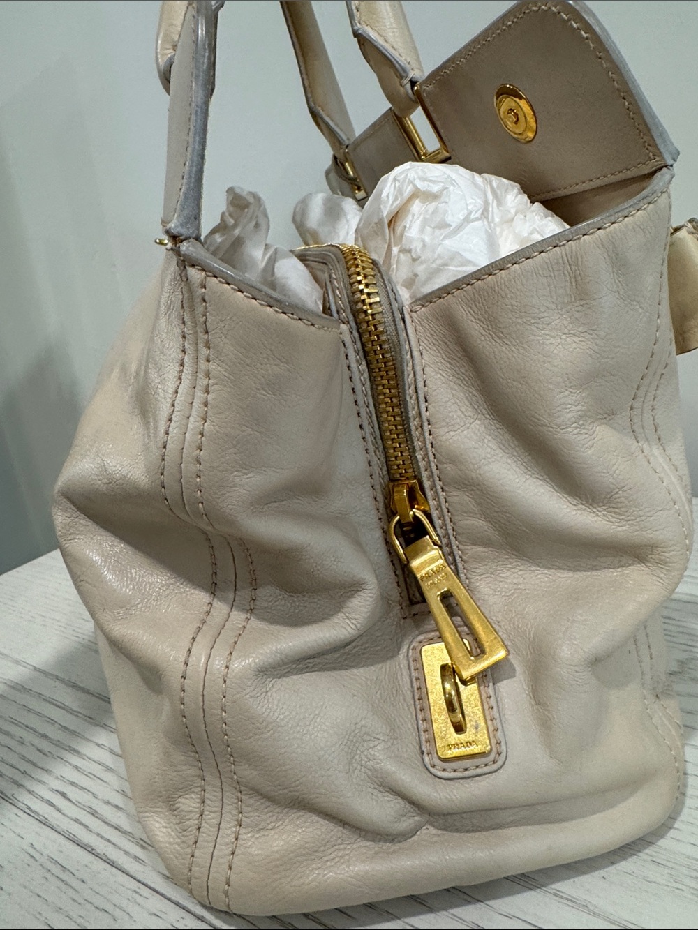 PRADA Nude Leather Top-Handle Satchel with Gold Hardware - Picture 14 of 16